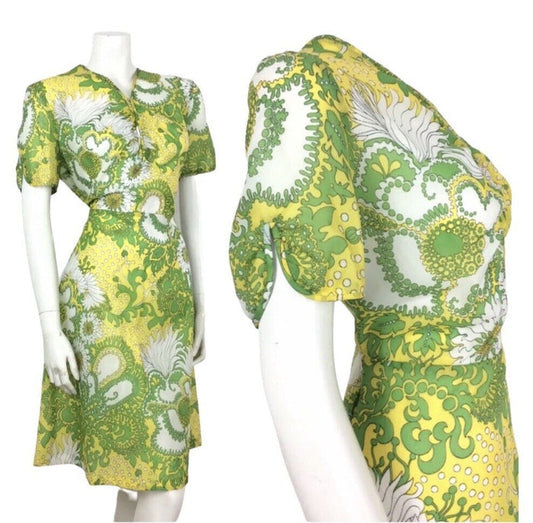 PSYCHEDELIC 70S VINTAGE YELLOW GREEN WHITE FLORAL DRESS 14