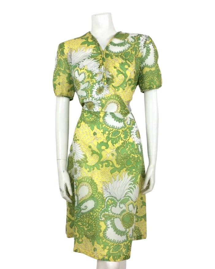 PSYCHEDELIC 70S VINTAGE YELLOW GREEN WHITE FLORAL DRESS 14