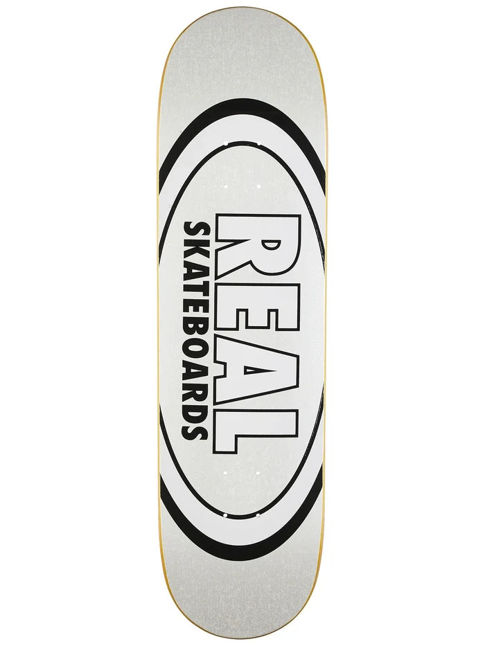 Skateboard deck with 'Real Skateboards' logo on a white background