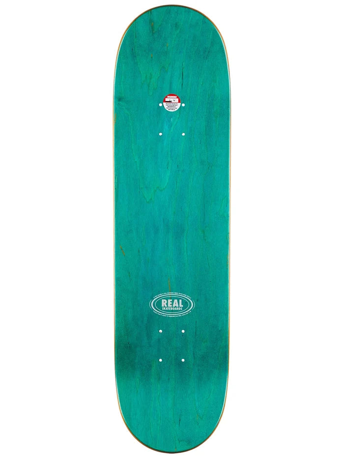 Green skateboard deck with a brand logo on a white background