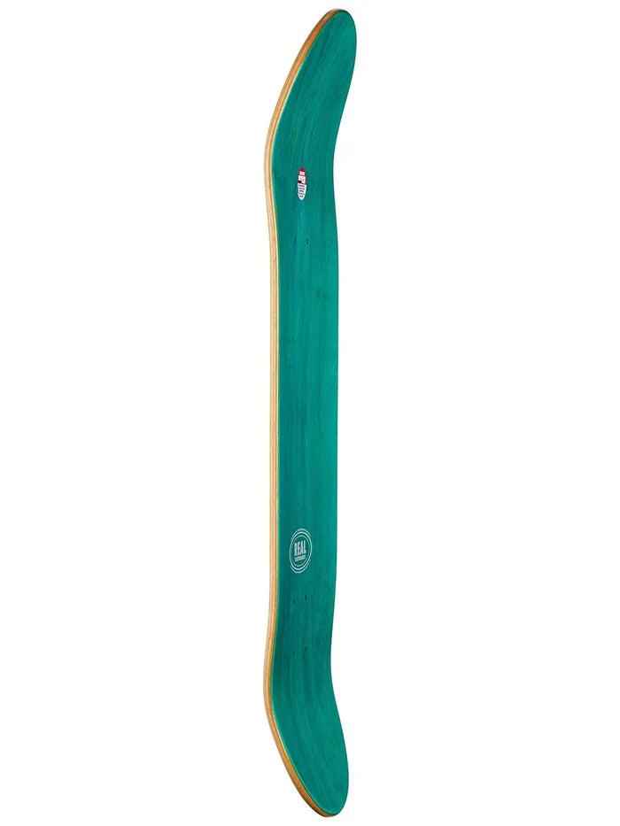 Green skateboard deck with a logo on a white background