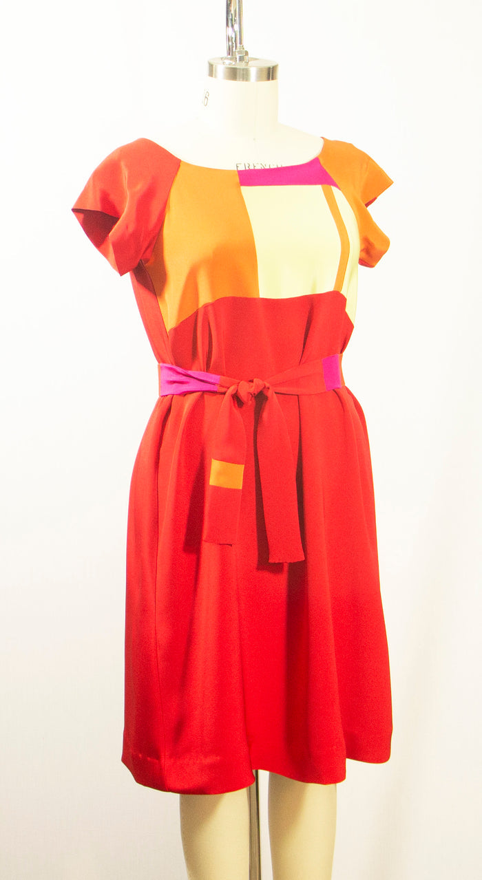 Red Patchwork Dress with Belt