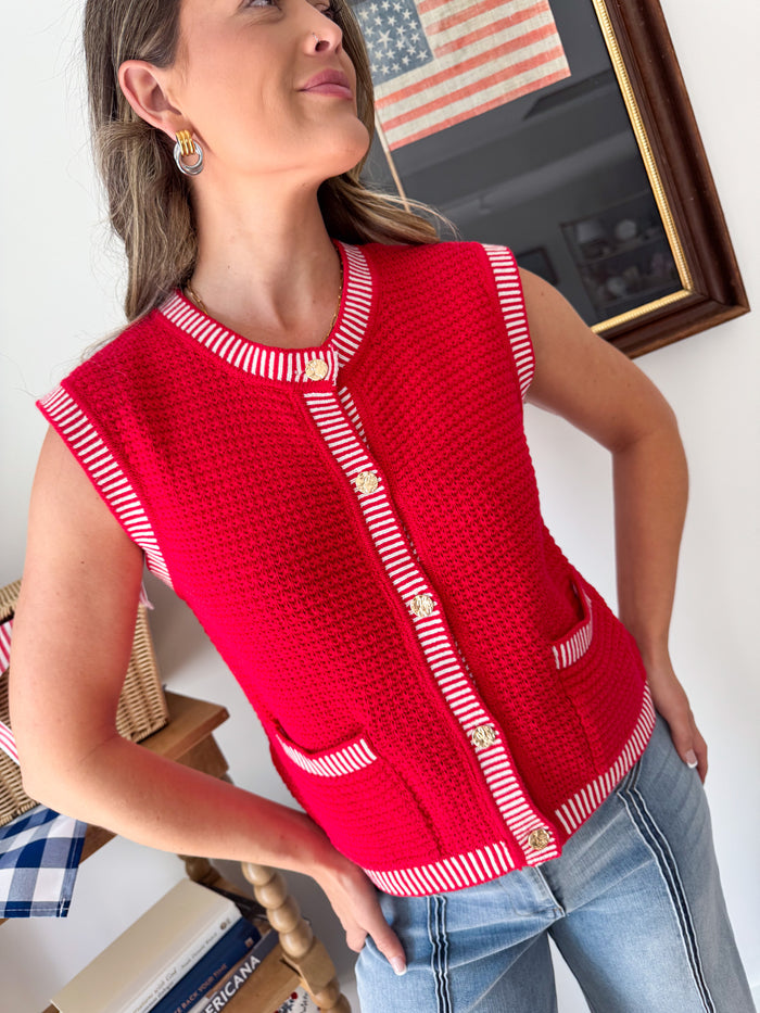 Ruby Red Knit Button Up Sweater Vest