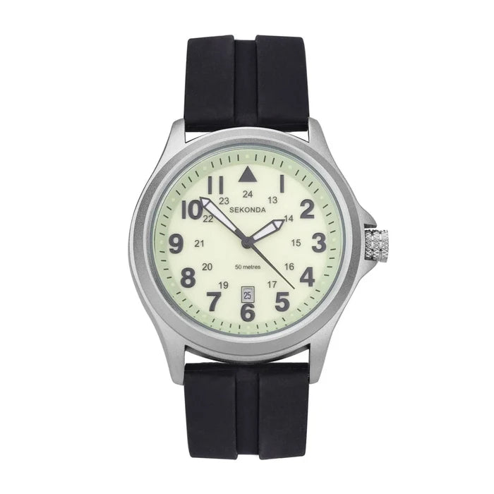 Sekonda Mens Black Silicone Strap Watch Luminous Cream Dial 43mm