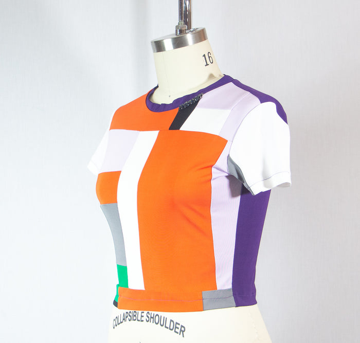 Short Sleeve Colorful Patchwork Rayon T shirt with Stones at Neckline