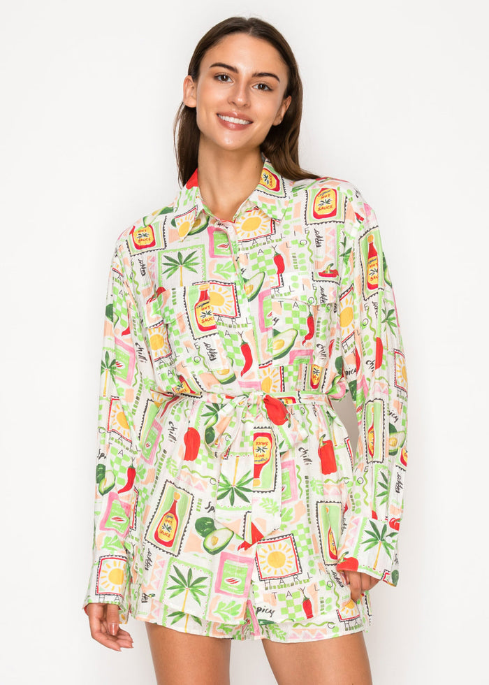 Long sleeve button-up top with colorful print featuring peppers, avocados, and sauce bottles in pink, green, and yellow tones