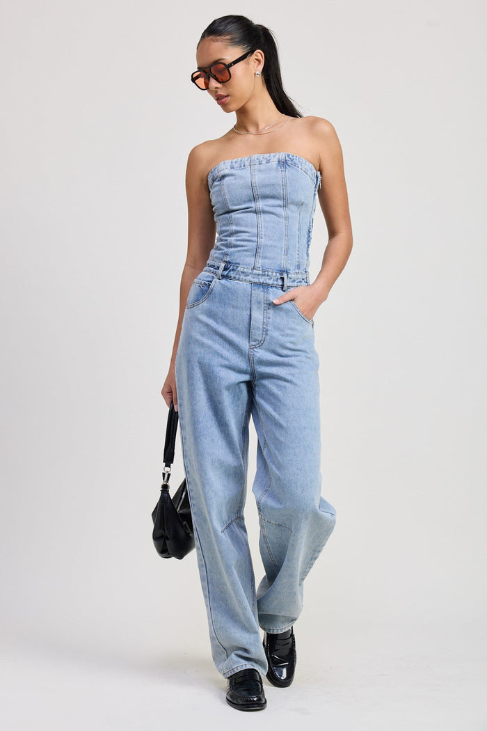 EMORY PARK STRAPLESS LIGHT WASH DENIM JUMPSUIT 100% COTTON