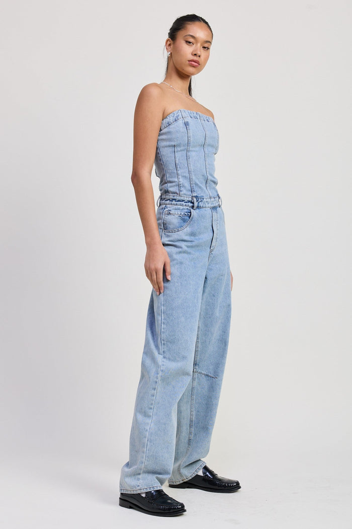 EMORY PARK STRAPLESS LIGHT WASH DENIM JUMPSUIT 100% COTTON MUST HAVE TRENDING JUMPSUIT
