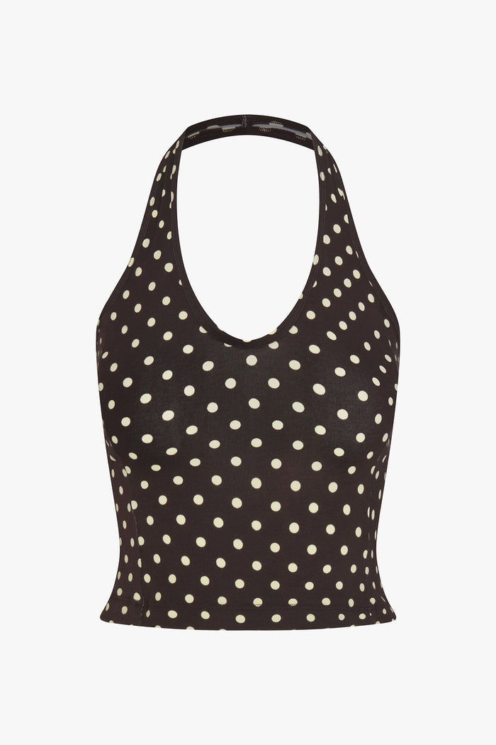 SPORTY HALTER TOP IN ESPRESSO DOT