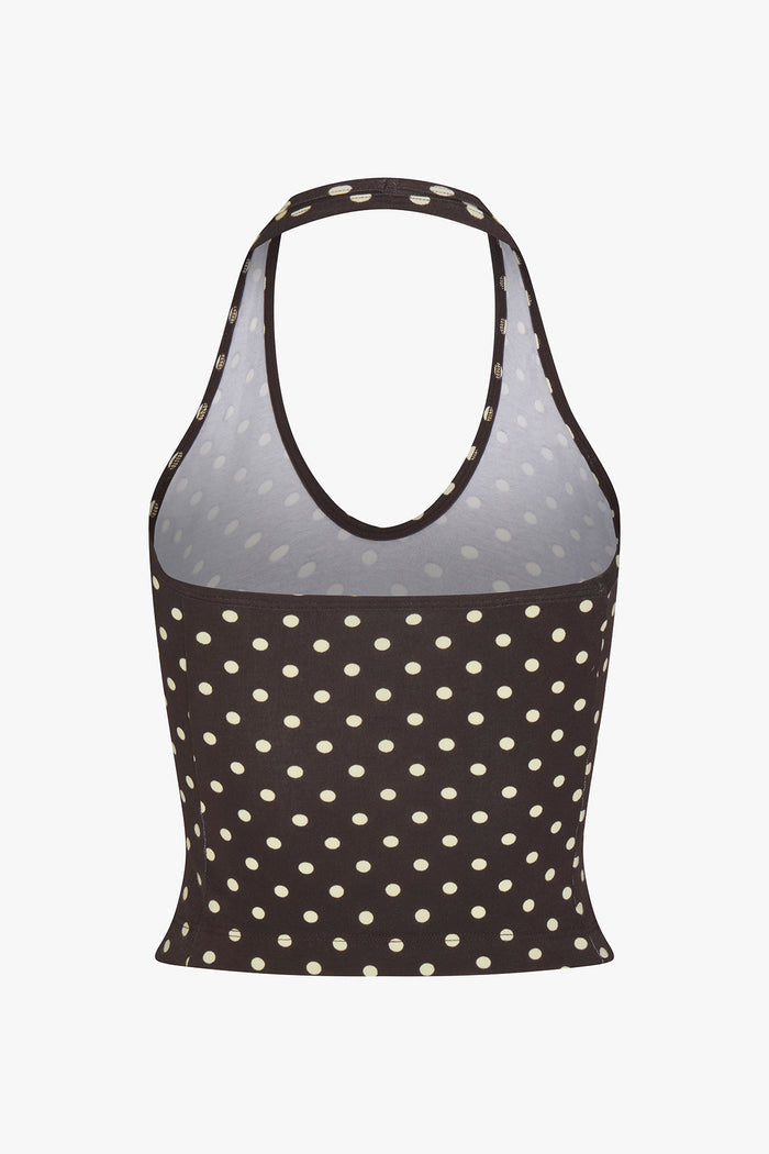 SPORTY HALTER TOP IN ESPRESSO DOT