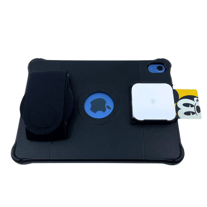 Square Reader in use with Low Profile Sled and OtterBox uniVERSE case, showing accessible card swipe slot