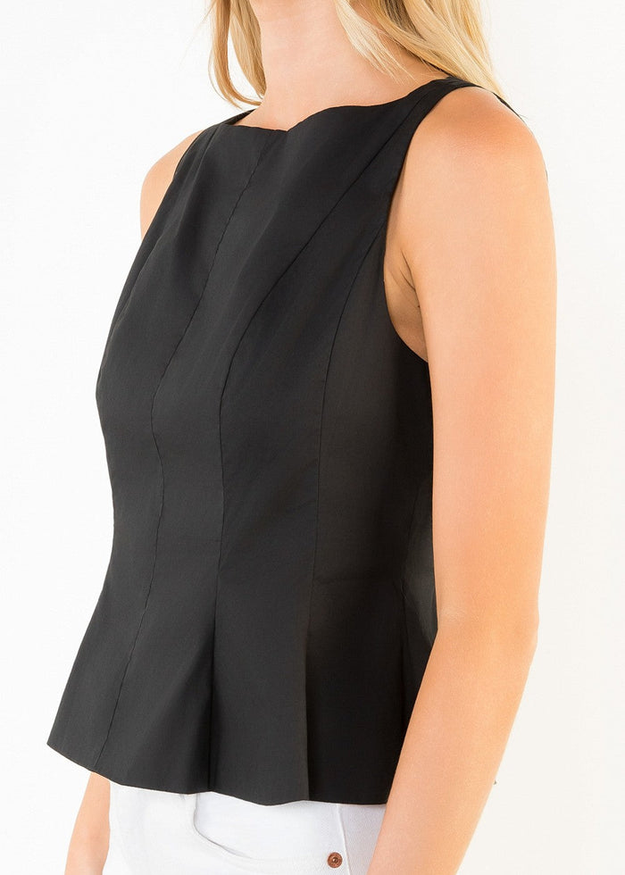 Black sleeveless peplum top with vertical seaming detail and curved waistline flare.
