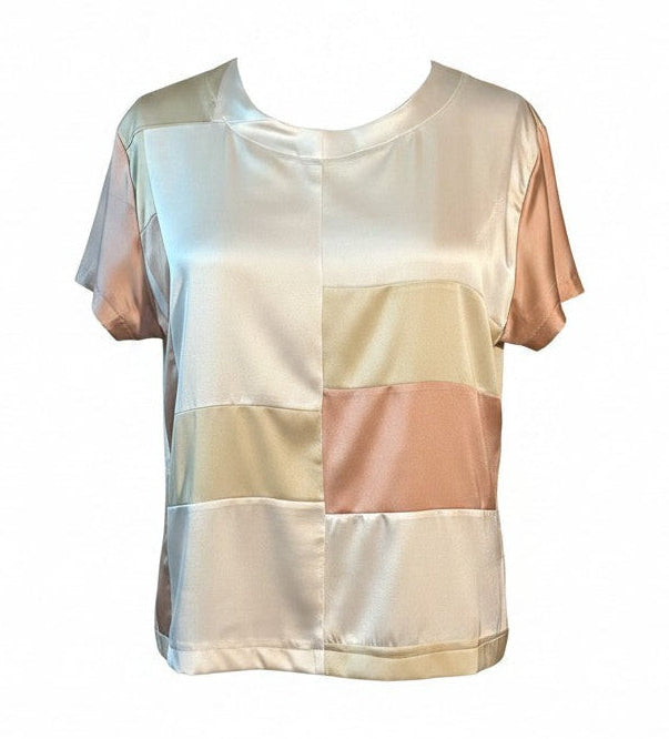 Stretch Silk Charmeuse Patchwork Pinks and Beige T shirt