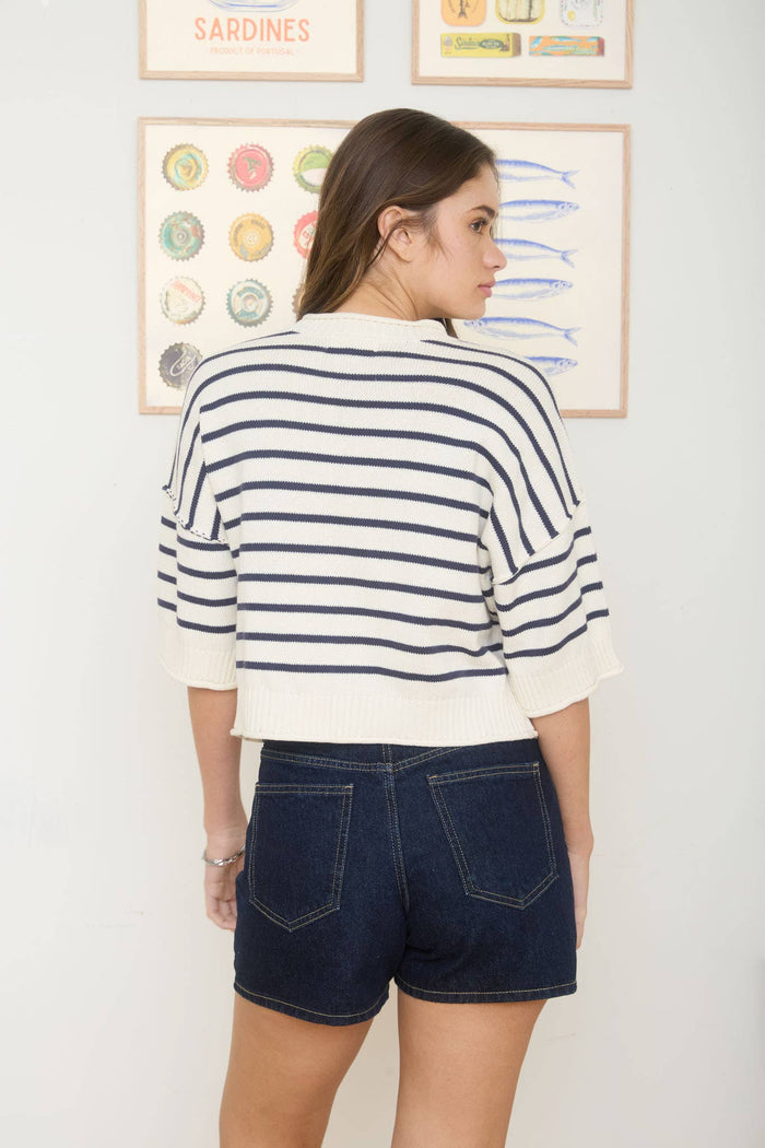 STRIPE RAW EDGE DROP SHOULDER SHORT SLEEVE SWEATER