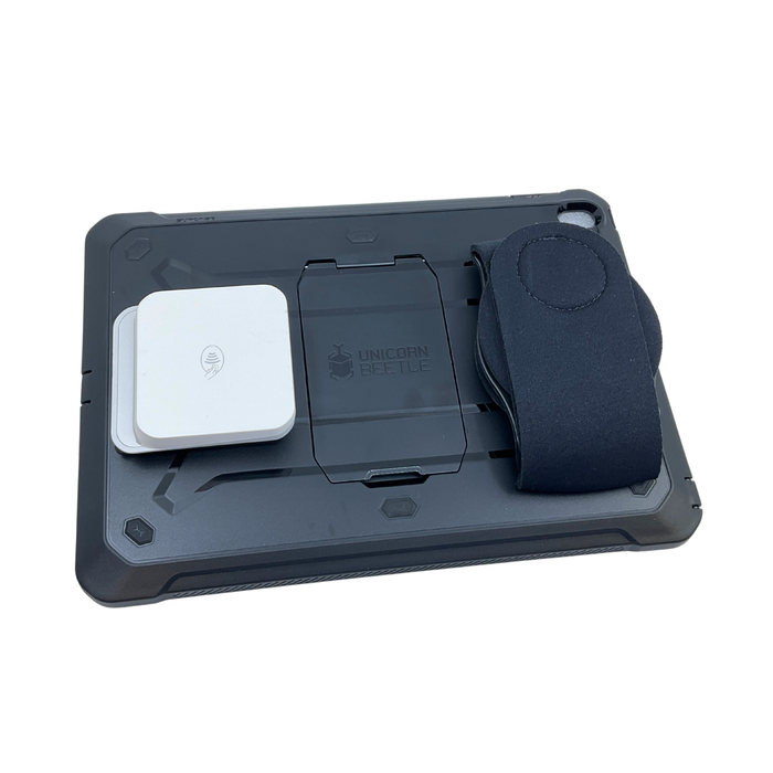 Stripe M2 reader holder sled attached to tablet case for mobile payments