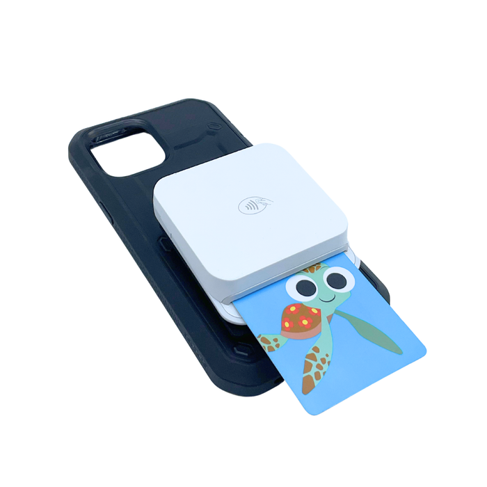 Stripe M2 Circle Sled attached to back of phone case for secure payments