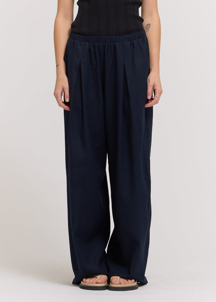Person wearing navy wide-leg pants on a white background