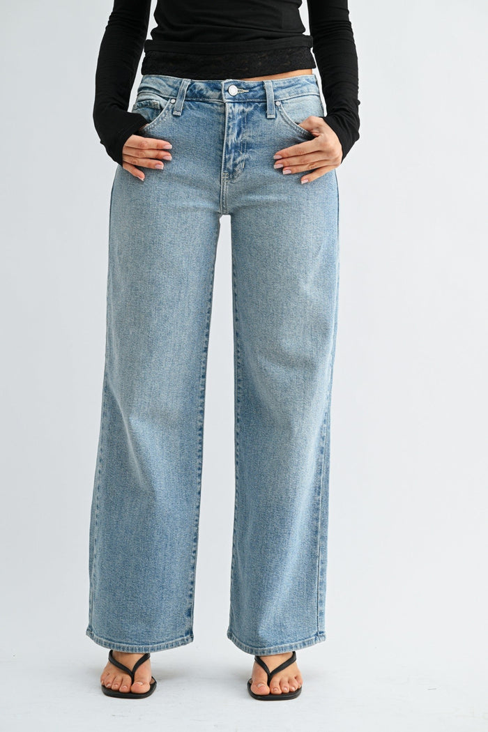 Light blue denim wide-leg jeans with a high waist and straight leg silhouette.