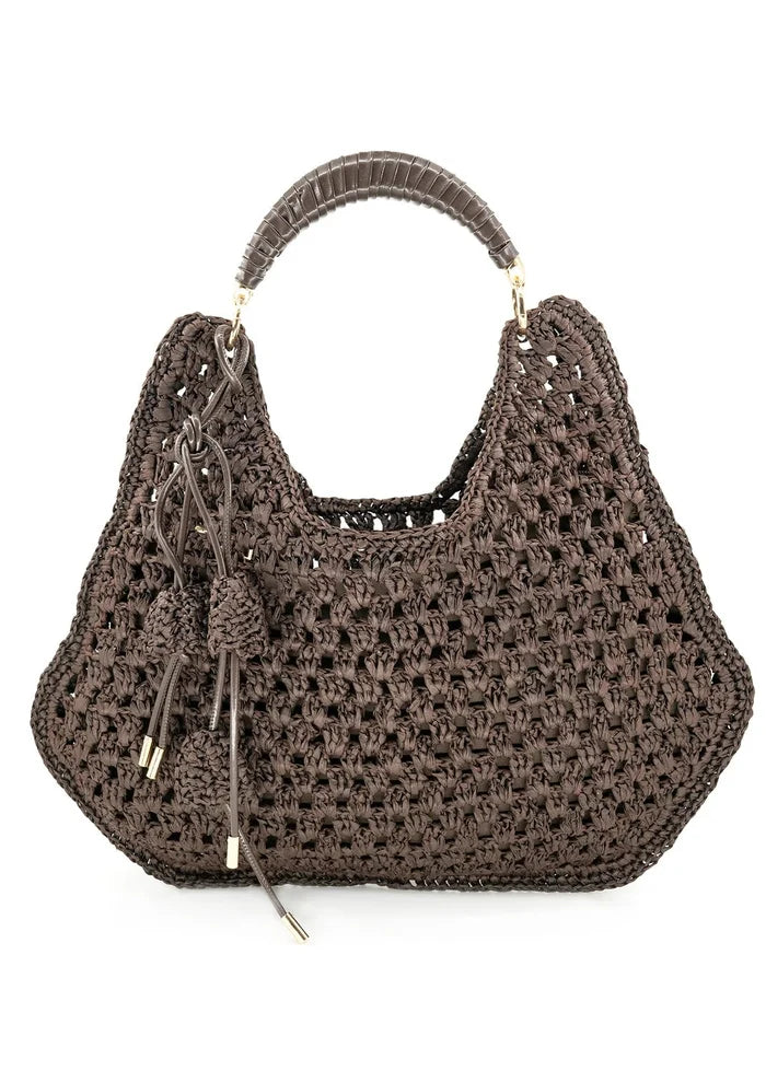 Brown crocheted hobo tote with braided handle and gold-tone hardware.