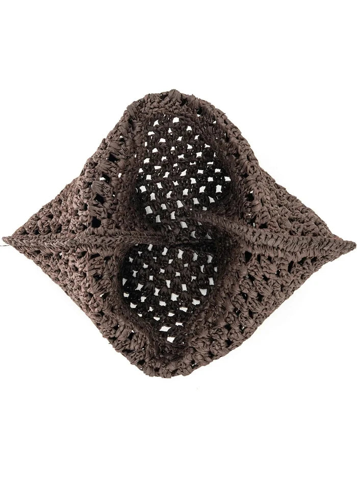 Brown braided hobo tote bag with open-weave crochet pattern and dual handles, viewed from above.