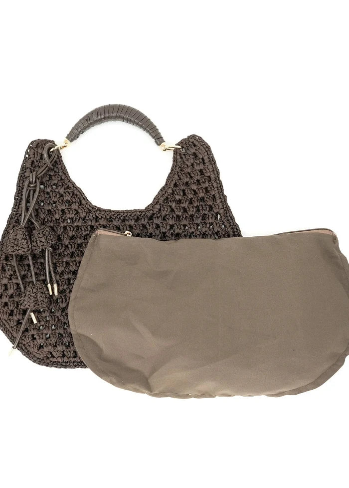 Charcoal braided hobo tote with textured woven body, curved handles with wrapped detail, and beige fabric pouch insert.