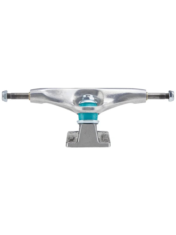 Skateboard truck with silver metal and blue bushings on a white background