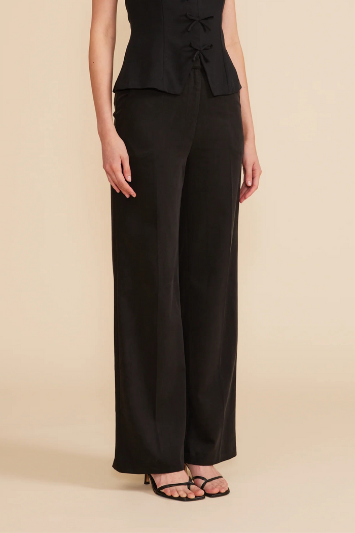 Black wide-leg pants with high waist and straight silhouette, styled with black strappy sandals.