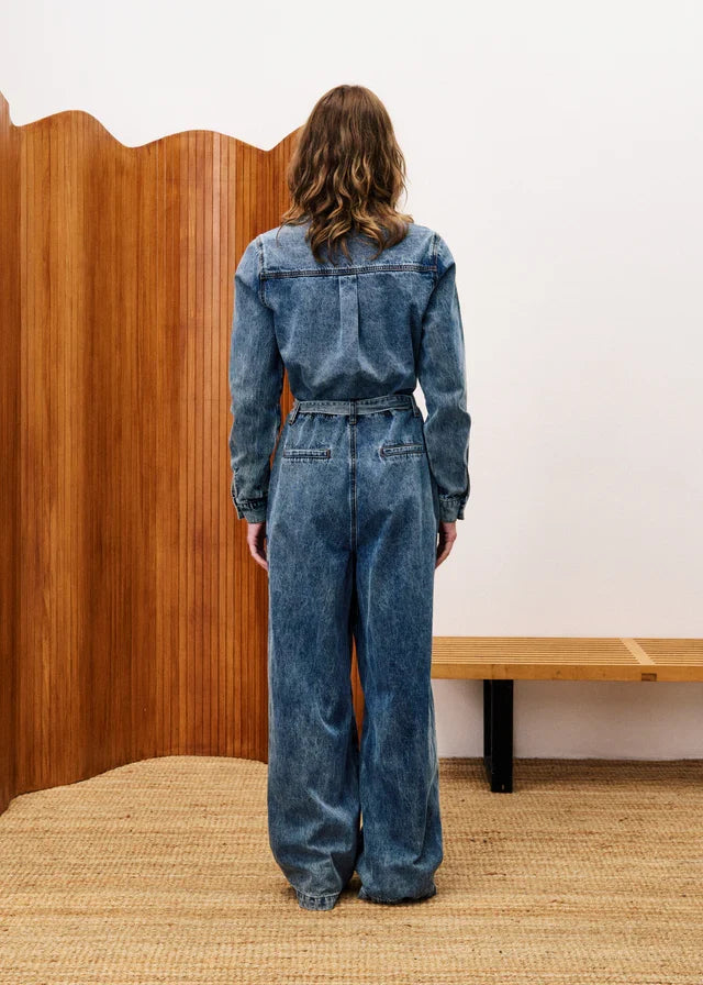 FRNCH VERBENA DENIM BLUE LONG SLEEVE JUMPSUIT WITH BELT STREETWEAR
