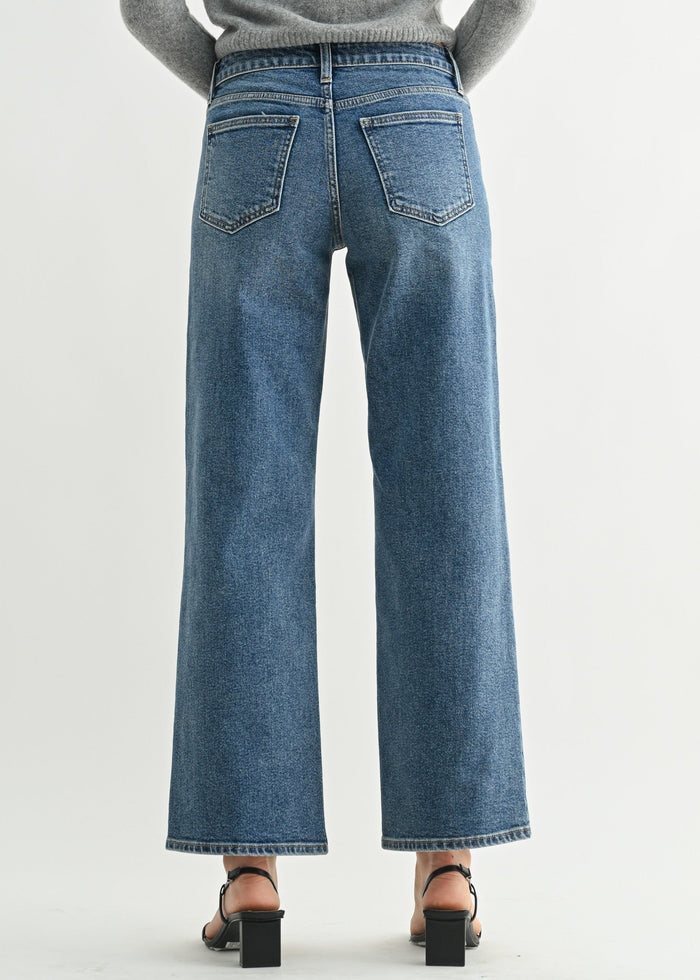 Blue mid-rise jeans with back patch pockets and wide-leg fit, shown from behind.