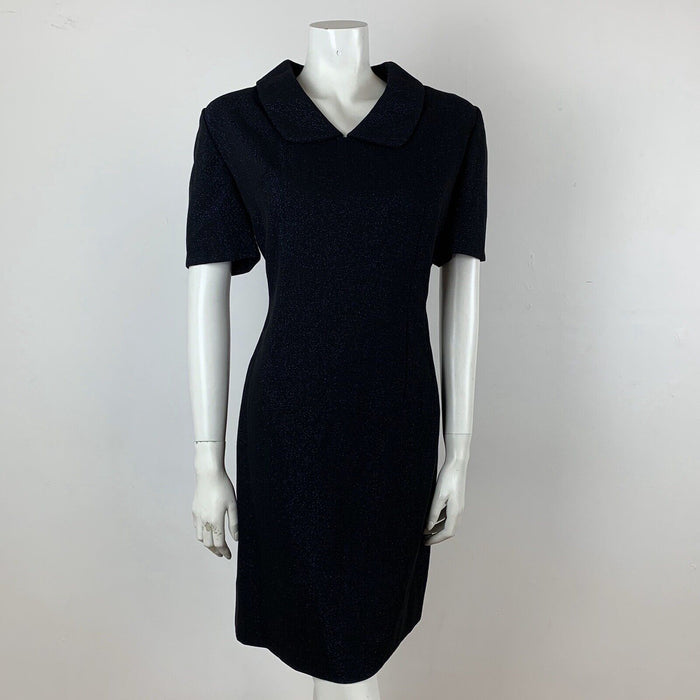 VINTAGE 60s 70s BLACK BLUE GLITTER LUREX PARTY MOD PETER PAN COLLAR DRESS 10