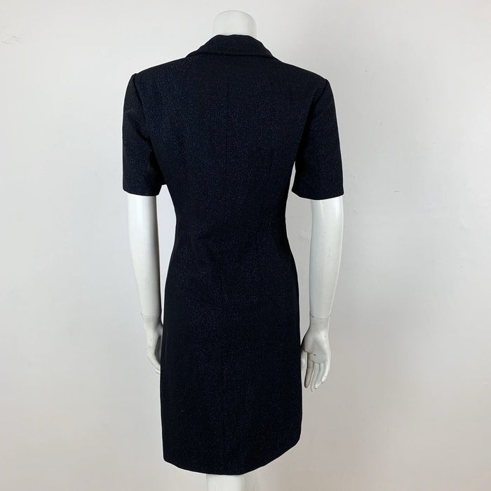 VINTAGE 60s 70s BLACK BLUE GLITTER LUREX PARTY MOD PETER PAN COLLAR DRESS 10