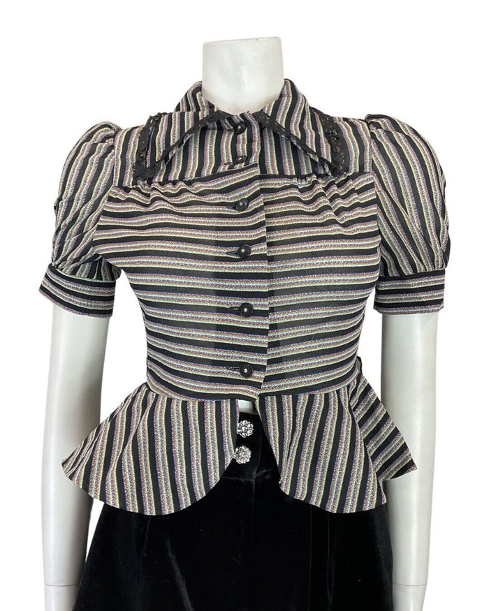 VINTAGE 60s 70s BLACK BLUE SILVER STRIPED MOD PARTY PEPLUM LUREX BLOUSE 8 10