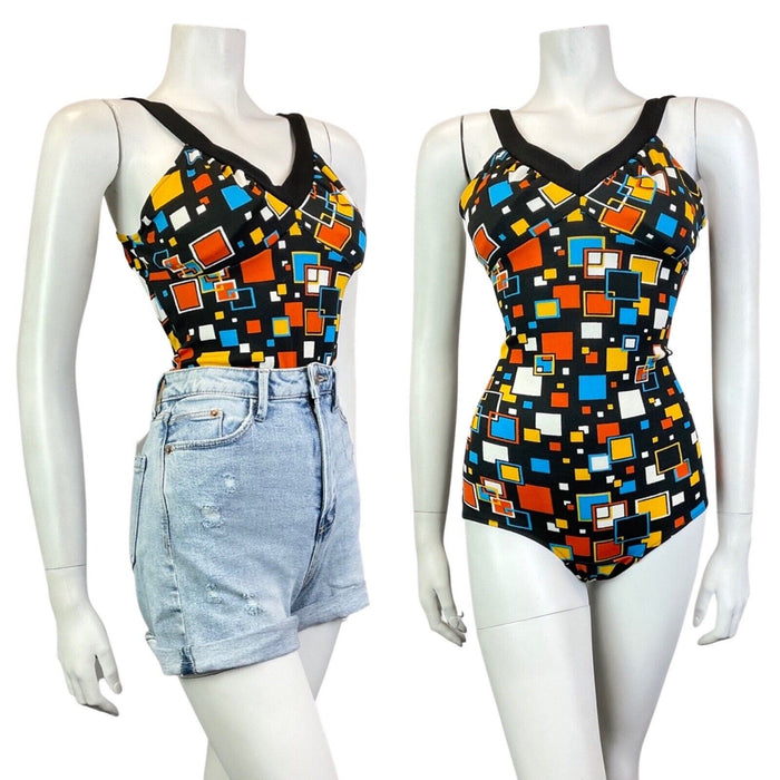 VINTAGE 60s 70s BLACK BLUE YELLOW GEOMETRIC SQUARE MOD SWIMSUIT BODYSUIT 10