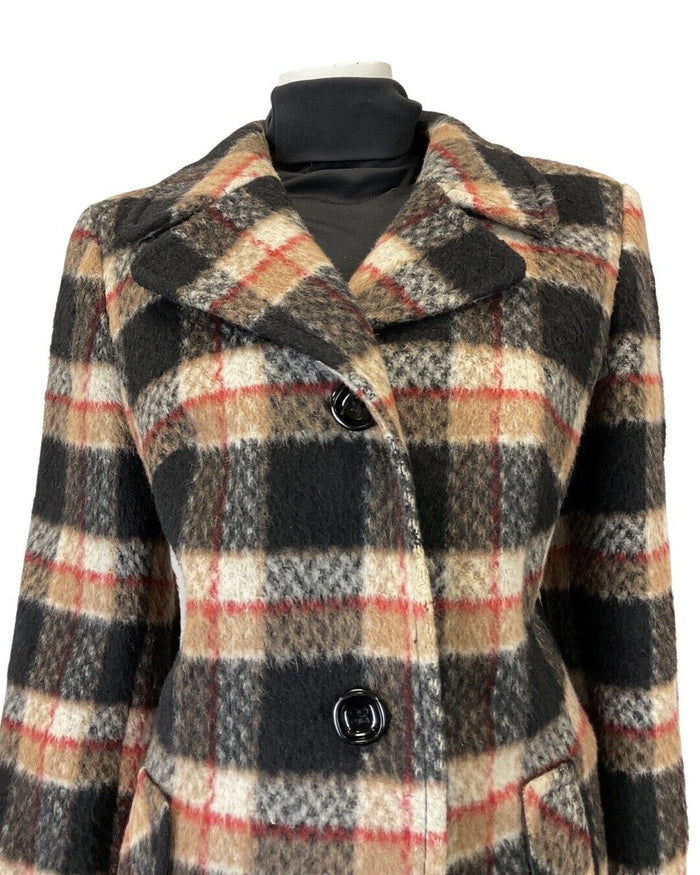 VINTAGE 60s 70s BLACK CREAM RED PLAID CHECKED MOD WOOL COAT 16