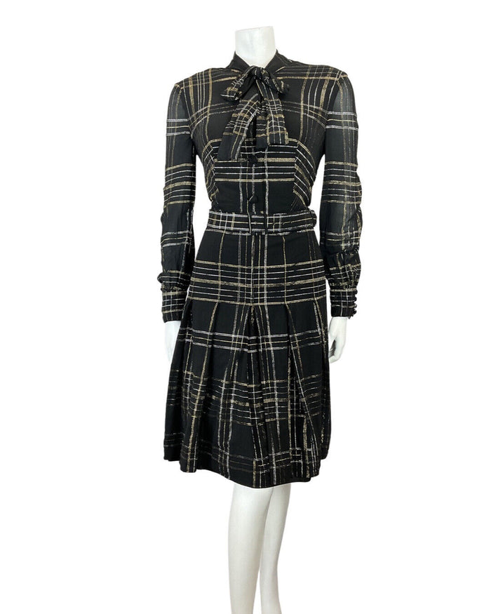 VINTAGE 60s 70s BLACK GOLD SILVER CHECKED MOD SHEER PUSSYBOW SHIRT DRESS 12