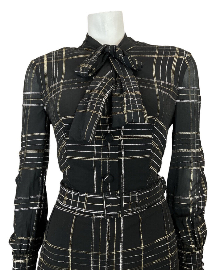 VINTAGE 60s 70s BLACK GOLD SILVER CHECKED MOD SHEER PUSSYBOW SHIRT DRESS 12