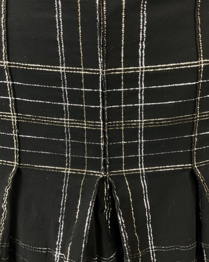 VINTAGE 60s 70s BLACK GOLD SILVER CHECKED MOD SHEER PUSSYBOW SHIRT DRESS 12