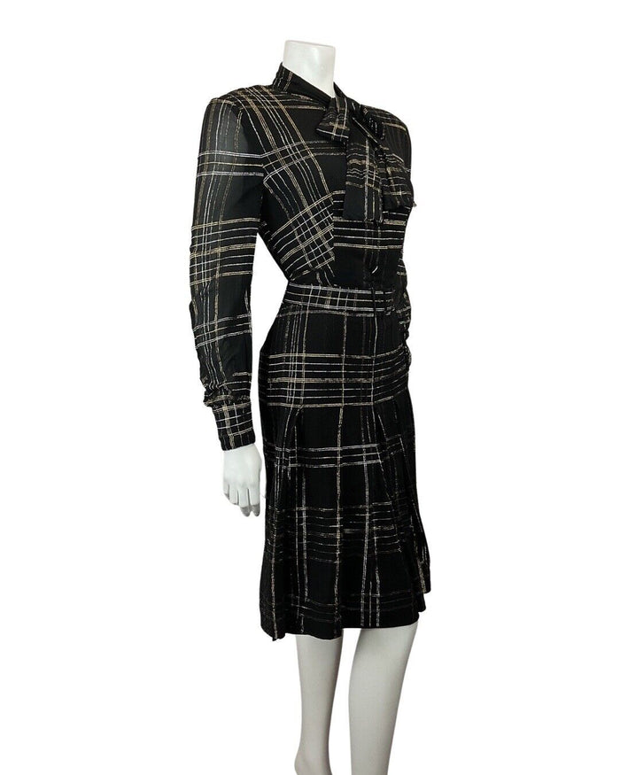 VINTAGE 60s 70s BLACK GOLD SILVER CHECKED MOD SHEER PUSSYBOW SHIRT DRESS 12