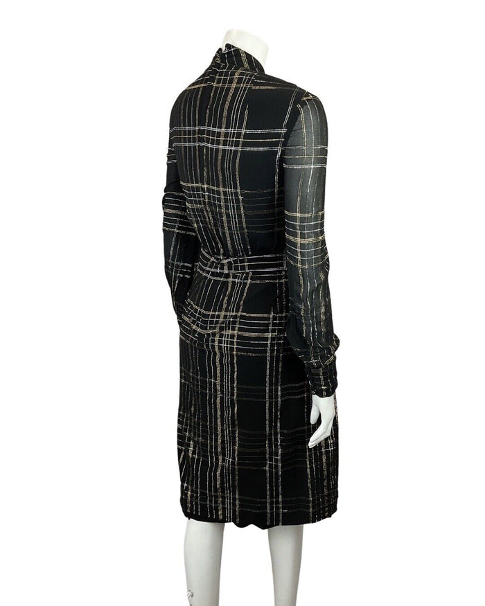 VINTAGE 60s 70s BLACK GOLD SILVER CHECKED MOD SHEER PUSSYBOW SHIRT DRESS 12