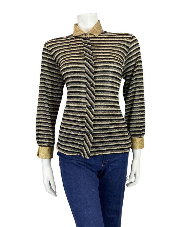VINTAGE 60s 70s BLACK GOLD STRIPED DISCO PARTY MOD LUREX BLOUSE SHIRT 12 14
