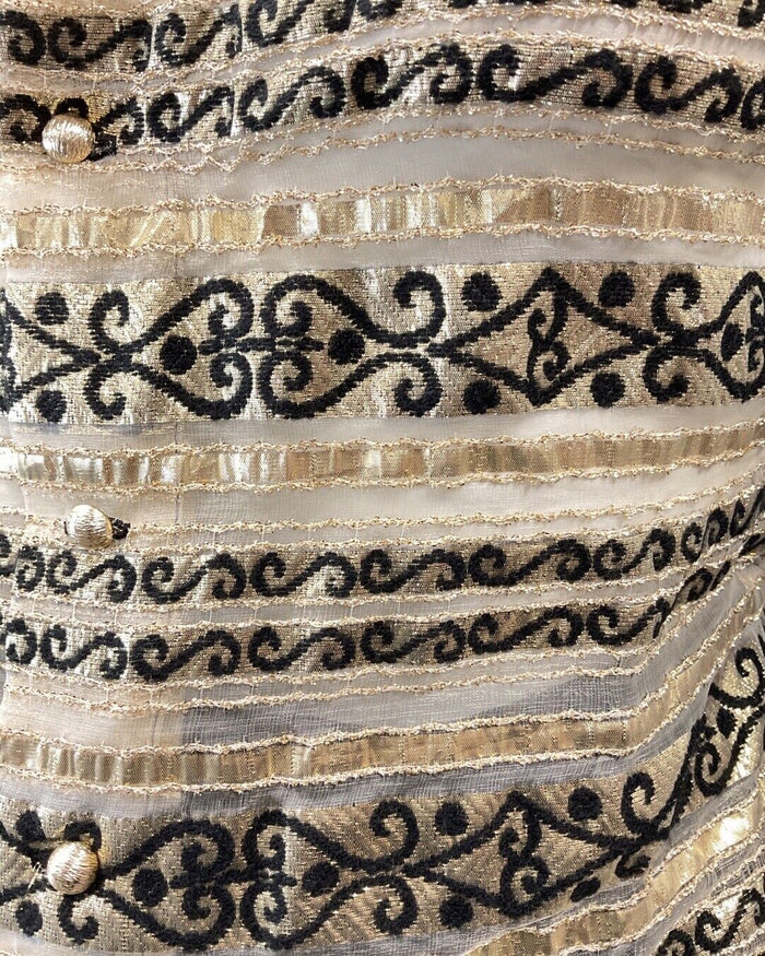 VINTAGE 60s 70s BLACK GOLD STRIPED SWIRL SHEER PARTY STUDIO 54 BLOUSE 8 10