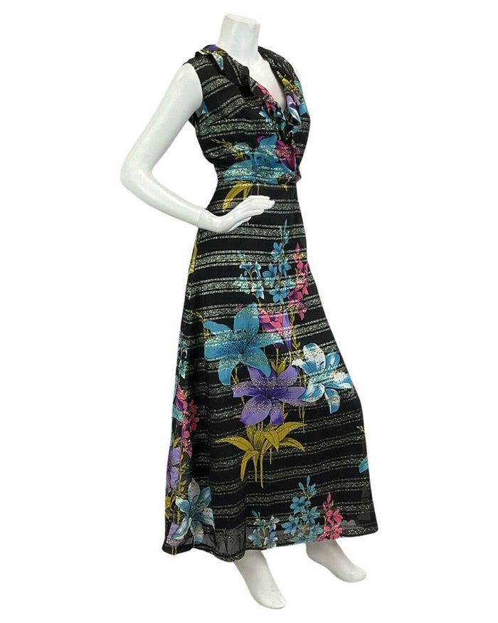 VINTAGE 60s 70s BLACK PINK BLUE  FLORAL BOHO DISCO PARTY  MAXI DRESS 8