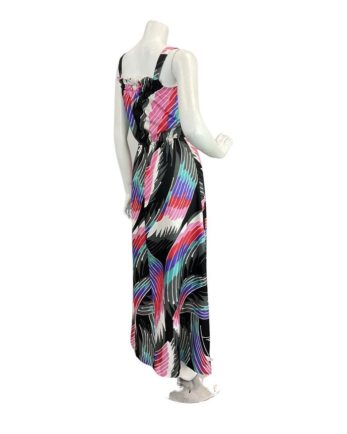 VINTAGE 60s 70s BLACK PINK GREY GEOMETRIC STRIPED MOD STRAPPY MAXI DRESS 6 8