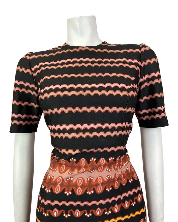 VINTAGE 60s 70s BLACK PINK ORANGE STRIPED FLORAL SUMMER DRESS 12 14