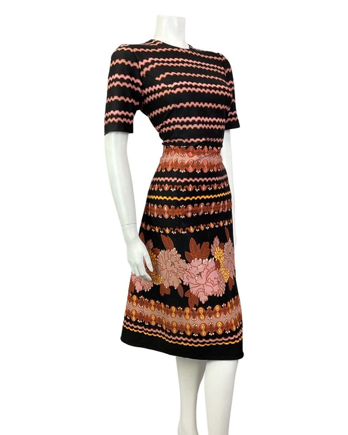 VINTAGE 60s 70s BLACK PINK ORANGE STRIPED FLORAL SUMMER DRESS 12 14