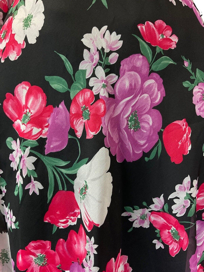 VINTAGE 60s 70s BLACK PINK PURPLE FLORAL SHEER FLOATY MIDI SWING DRESS 10