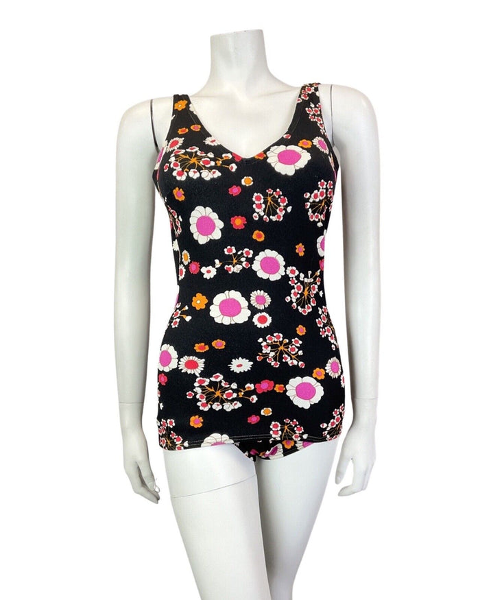 VINTAGE 60s 70s BLACK PINK WHITE DAISY FLOWER MOD SWIMSUIT BODYSUIT 10 12