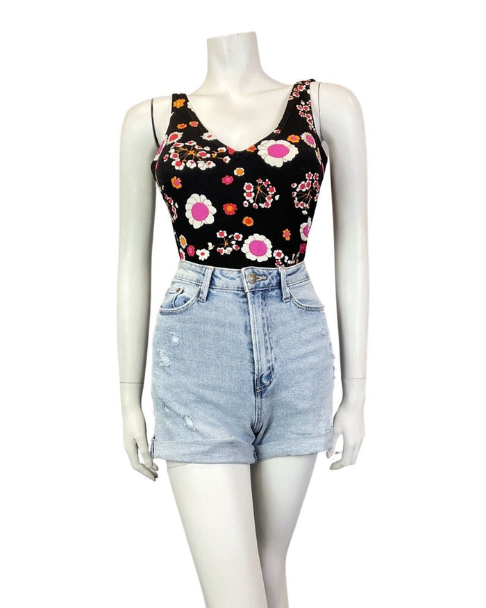 VINTAGE 60s 70s BLACK PINK WHITE DAISY FLOWER MOD SWIMSUIT BODYSUIT 10 12