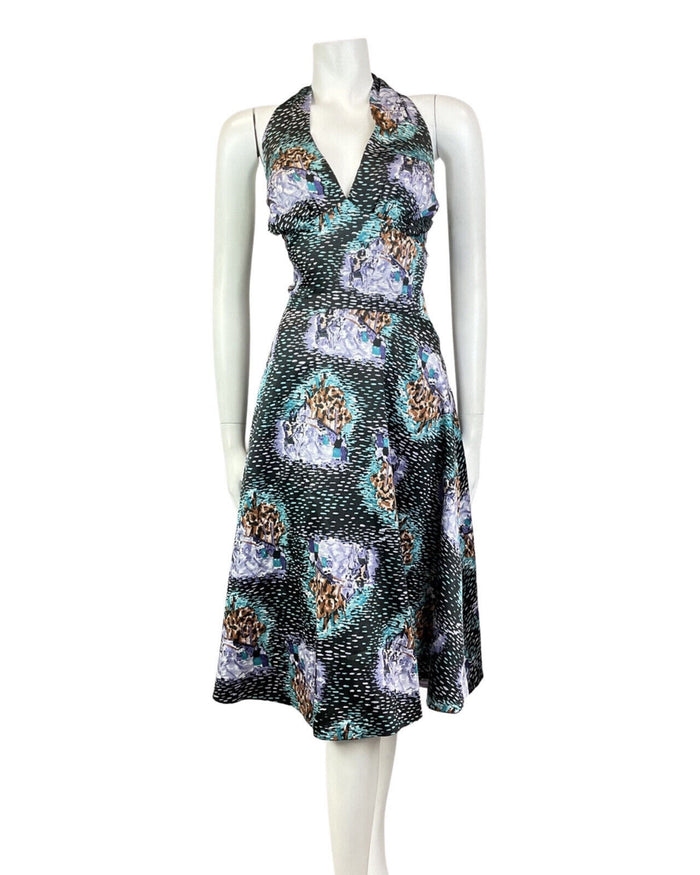 VINTAGE 60s 70s BLACK PURPLE MINT HORSE CART DASH HALTER SWING DRESS 10 12