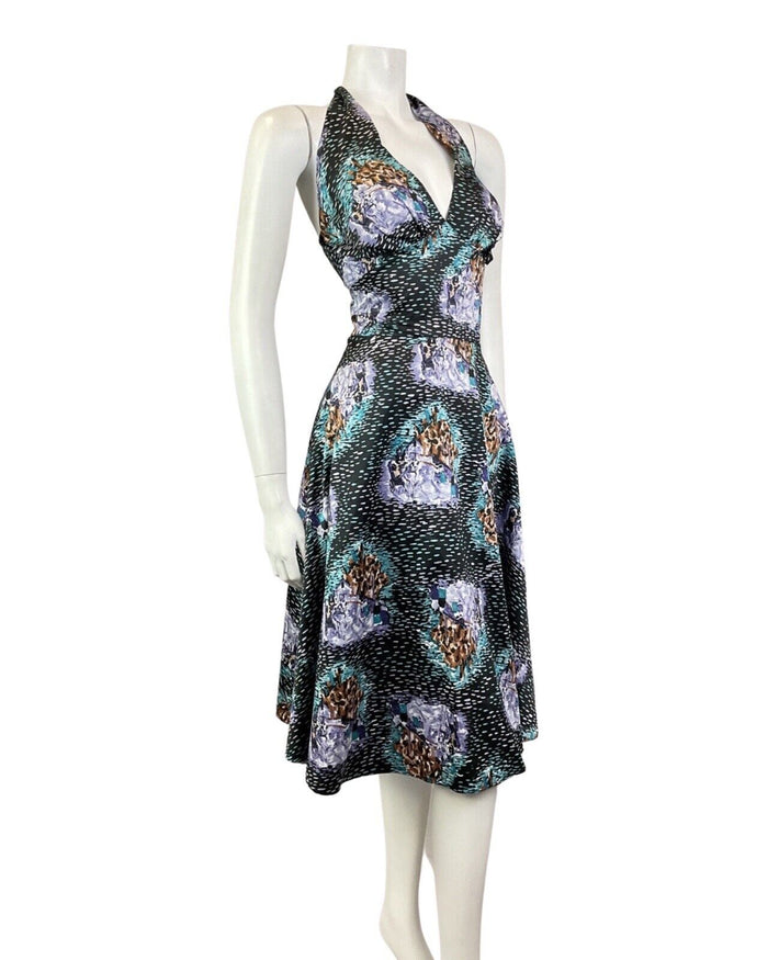 VINTAGE 60s 70s BLACK PURPLE MINT HORSE CART DASH HALTER SWING DRESS 10 12